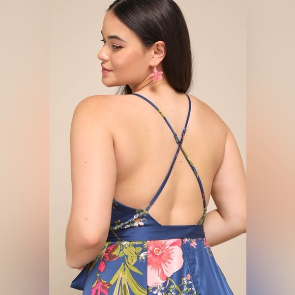 NEW Lulus Still the One Blue Floral Print Satin Maxi Dress Sz XS - Picture 8 of 15